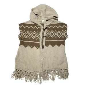 VASIA COZY Fringe Boho‎ Sweater Vest w/ Hood SIZE XS | S1